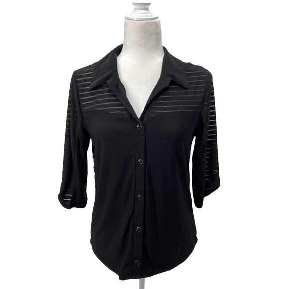 Womens Petite Black Button-Up Blouse Adele & May PM Roll Tab Sleeve Sheer Stripe - Picture 1 of 13